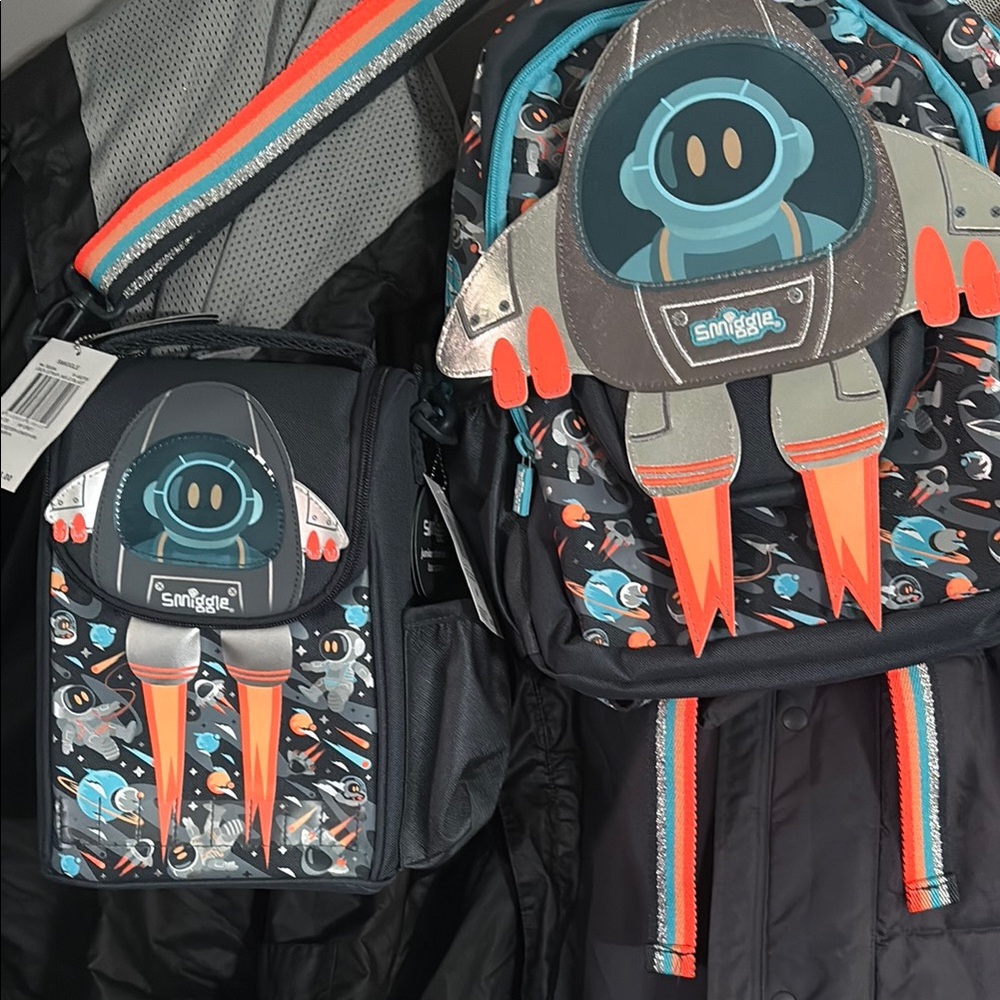 Smiggle Space Adventure Kids Backpack and Lunch Bag Set - Black and Orange